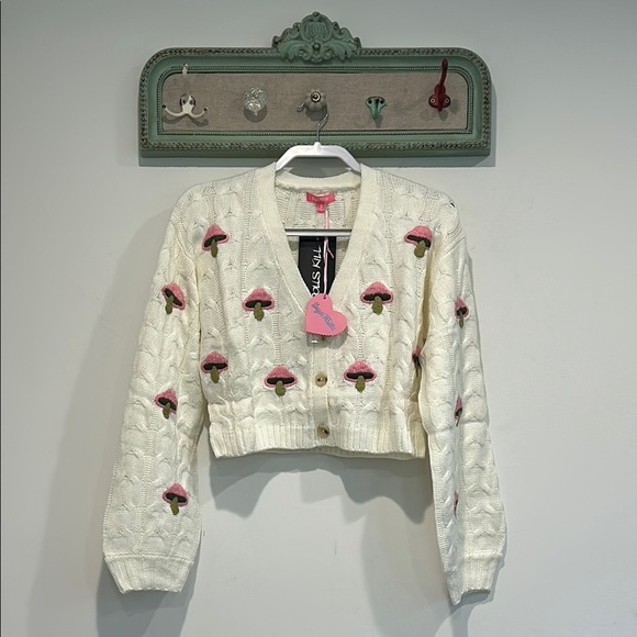 Dolls Kill Cream Cardigan with Pink and Green Mushroom Embroidery small new - Picture 1 of 5